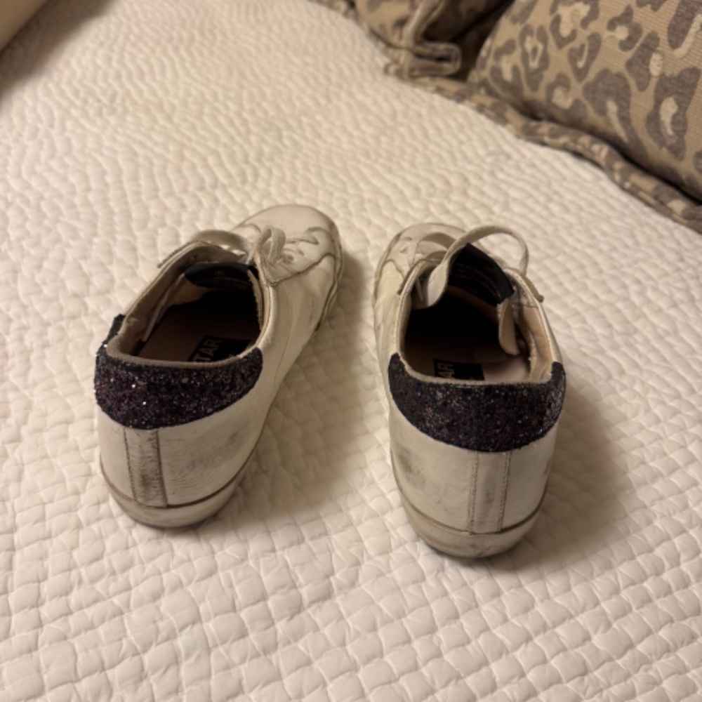 Golden Goose White Leather Sneakers with Black Glitter Star and Heel - Picture 6 of 12